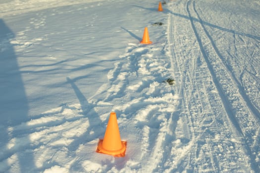 Ski track for competitions. Rolled snow. Track details in mountains. photo