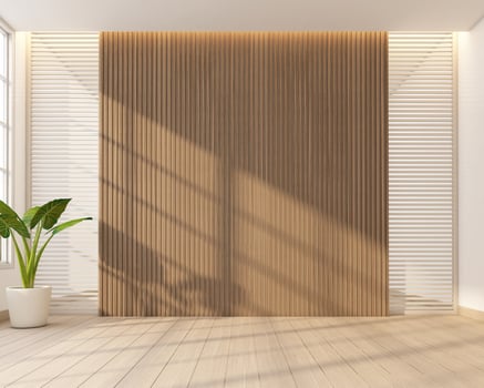 Japan style empty room decorated with wooden slat wall and sliding wood slat door. 3d rendering photo