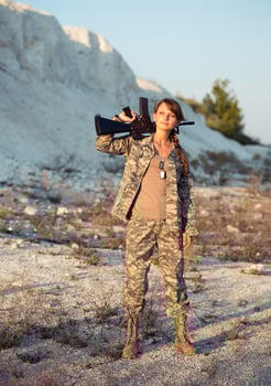 Young female soldier dressed in a camouflage with a gun in the location photo