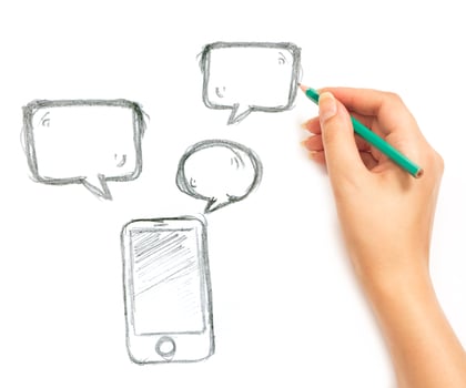 Woman's hand draws phone and messages on white photo