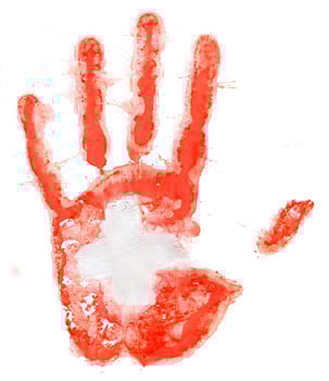 Handprint of a Swiss flag on a white photo