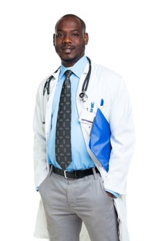 Portrait of a smiling male doctor holding a notepad on white photo