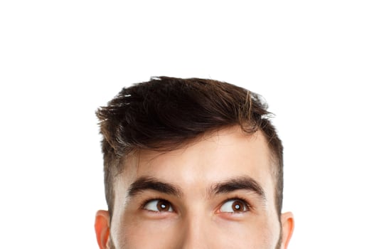 Half face expression looking on white photo