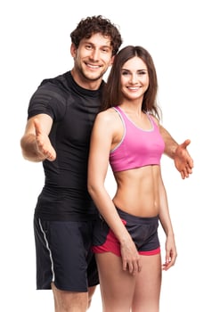 Athletic couple after fitness exercise on the white photo