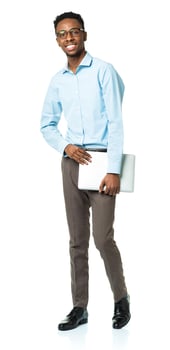 Happy african american college student with laptop standing on white photo