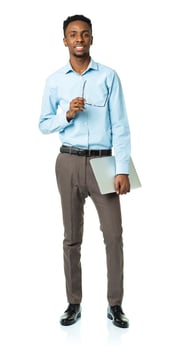 Happy african american college student with laptop standing on white photo