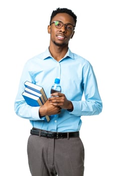 Happy african american college student standing with books and bottle of water in his hands on white photo