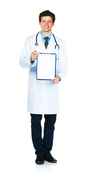 Full length young smiling male doctor on white photo