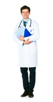 Full length portrait of a smiling male doctor holding a notepad on white photo