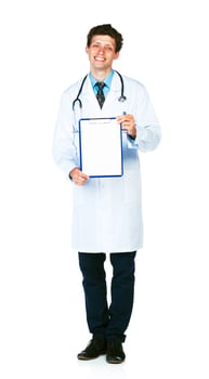 Young smiling male doctor showing clipboard with copy space for text on white photo