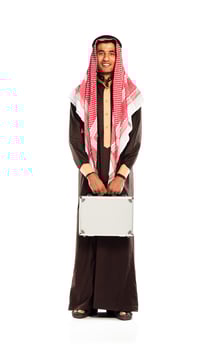 Young smiling arab with a aluminum case isolated on white photo