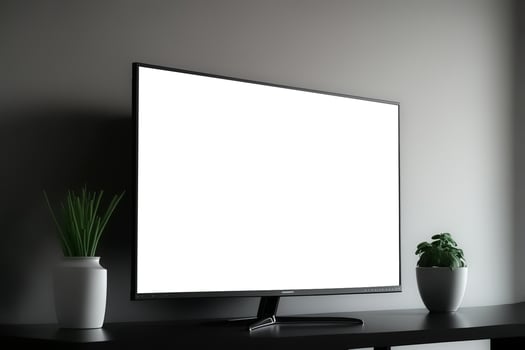 Modern LED screen on computer desk near wall indoor photo