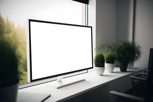Side view of empty LCD Screen Mockup in office with indoor plants on table, Blank screen mockup indoor, Blank empty indoor LED screen mockup photo