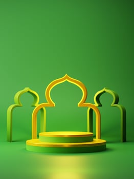 3d product display and islamic festival decorative element with empty space for greeting promotion sale campaign on green background photo