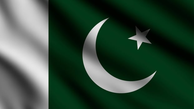 Pakistan flag waving in the wind with 3d style background photo