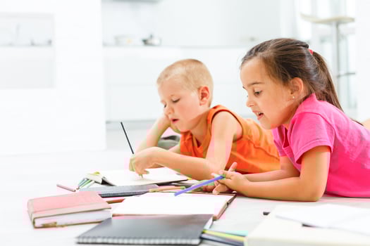 Covid-19 Coronavirus and Learning from home, Home school kid concept. Little children study online learning from home with laptop. Quarantine and Social distancing concept. photo