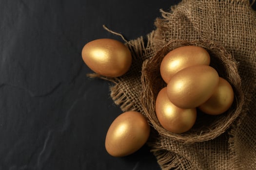 Golden easter eggs in nest bird on black photo
