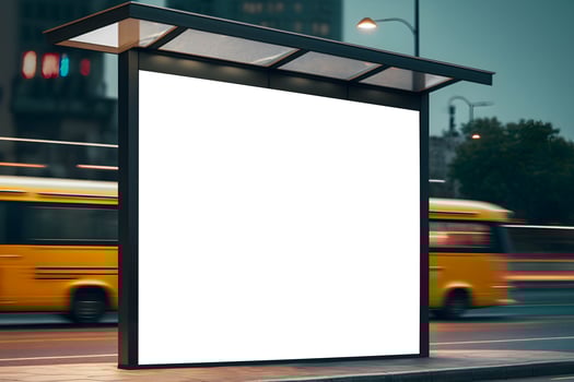 Modern Empty space advertisement board, blank white signboard in city in night, Bus stand empty billboard in night, Marketing banner ad space in city, Advertisement billboard on bus stand in city photo