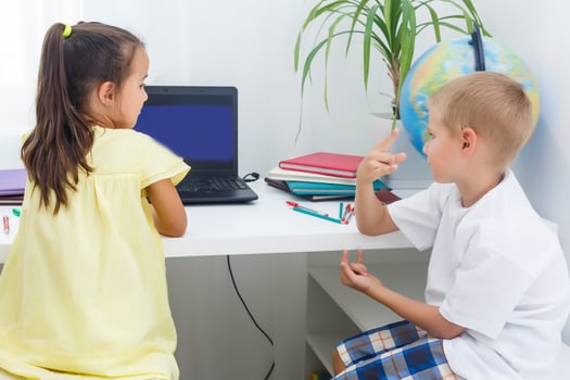 Covid-19 Coronavirus and Learning from home, Home school kid concept. Little children study online learning from home with laptop. Quarantine and Social distancing concept. photo