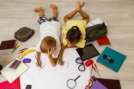 Covid-19 Coronavirus and Learning from home, Home school kid concept. Little children study online learning from home with laptop. Quarantine and Social distancing concept. photo