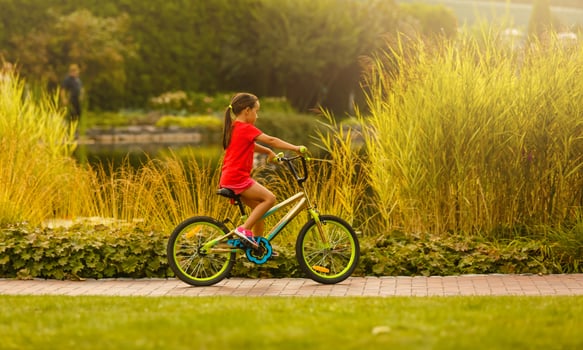 Child riding bike. Kid bicycle in sunny park. Little girl enjoying bike ride on her way to school warm summer day. Preschooler learning to balance bicycle Sport for kids. photo