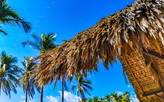 Hotels resorts buildings in paradise among palm trees Puerto Escondido. photo