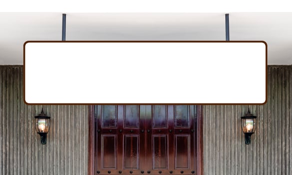 Outdoor hanging sign billboard with mock up white screen entrance to restaurant photo