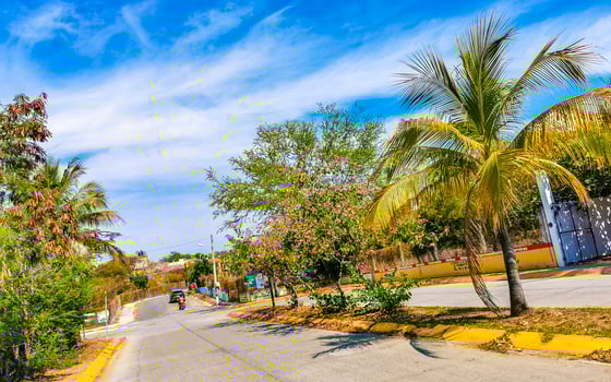 Colorful street with houses palms cars restaurants Puerto Escondido Mexico. photo