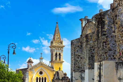 Cuernavaca cathedral and colorful colonial architecture of Cuernavaca streets in Mexico Morelos photo