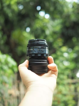 camera lens on hand with green nature background photo