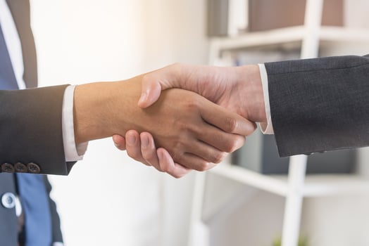 Support, business people, happy asian young man in suit, making handshake, shake hand together with partnership, customer or colleague after is done, successful. Worker meeting, congrats merger. photo