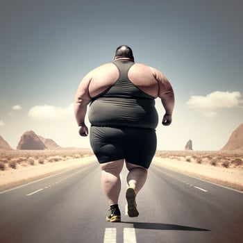 Rear view of a obese man wearing sportswear while jogging on the road photo