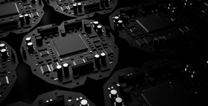 the variety of different types of chips and electronic components on the printed circuit board photo