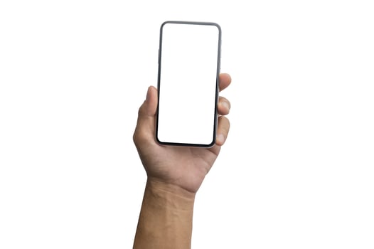 Close up hand holding showing blank empty screen of her smart telephone isolated white color backdrop photo