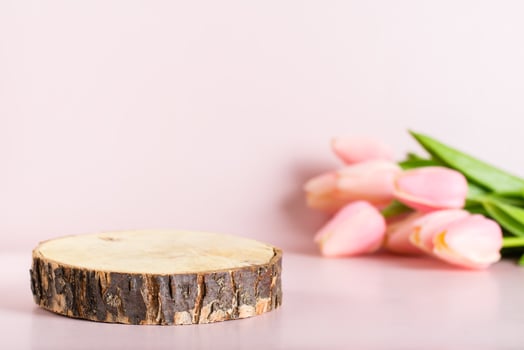 Natural mock-up from a tree cut on a pink background with a bouquet of tulips photo