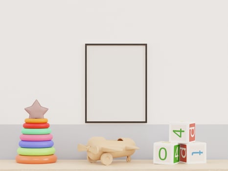 3D mockup photo frame in chidren room rendering