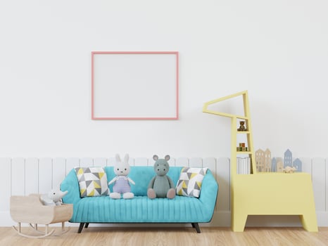 3D mockup photo frame in chidren room rendering
