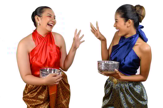 Portrait two woman in Songkran festival with water bowl photo