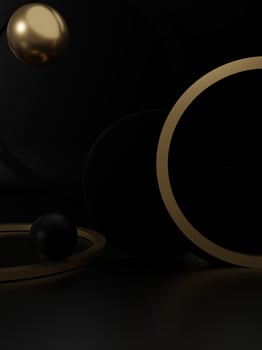 3D Rendering Studio Shot Product Display Background with Black and Gold Spheres, Plates and Rings for Festive Luxury Products. photo