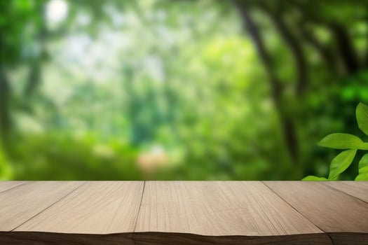 Empty rustic wooden table defocused green lush foliage background product display AI Generated photo