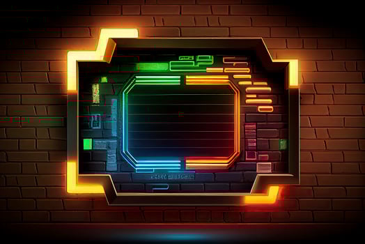 abstract background of sci fi hud ui neon frame on brick wall photo