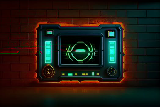 abstract background of sci fi hud ui neon frame on brick wall photo