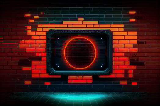 abstract background of sci fi hud ui neon frame on brick wall photo