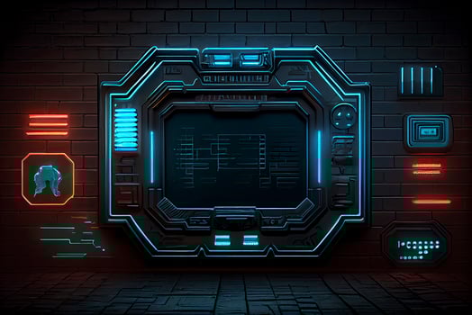 abstract background of sci fi hud ui neon frame on brick wall photo