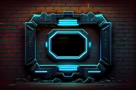 abstract background of sci fi hud ui neon frame on brick wall photo