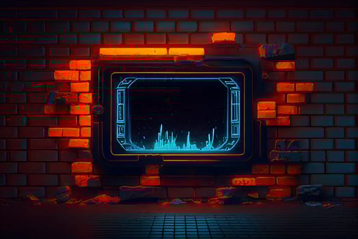 abstract background of sci fi hud ui neon frame on brick wall photo