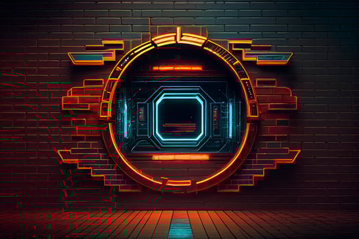 abstract background of sci fi hud ui neon frame on brick wall photo
