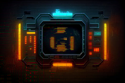 abstract background of sci fi hud ui neon frame on brick wall photo