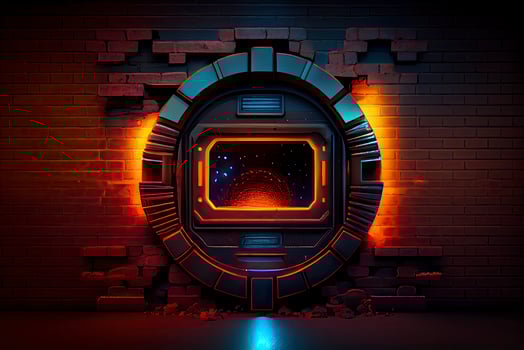 abstract background of sci fi hud ui neon frame on brick wall photo