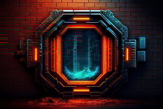 abstract background of sci fi hud ui neon frame on brick wall photo
